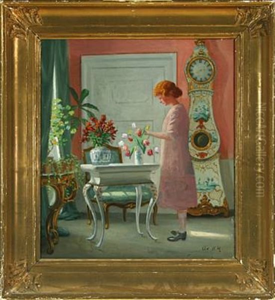 Interior With A Woman Oil Painting by Adolf Heinrich Claus Hansen