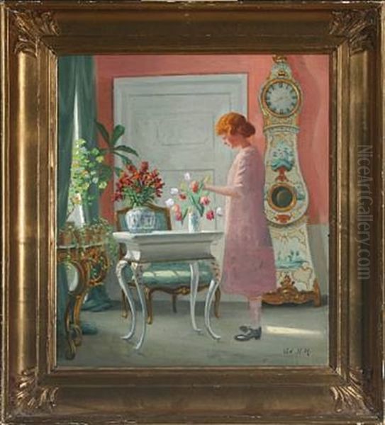 Interior With A Woman Arranging Tulips by Adolf Heinrich Claus Hansen