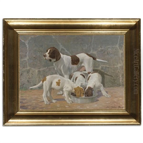 A Pointer With Her Puppies Oil Painting by Adolf Heinrich Claus Hansen