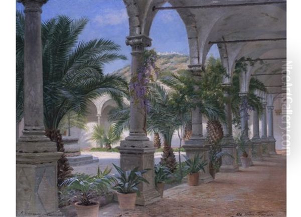 Der Kreuzgang (+ Des Klosters San Domenico In Taormina; 2 Works) Oil Painting by Adolf Heinrich Claus Hansen