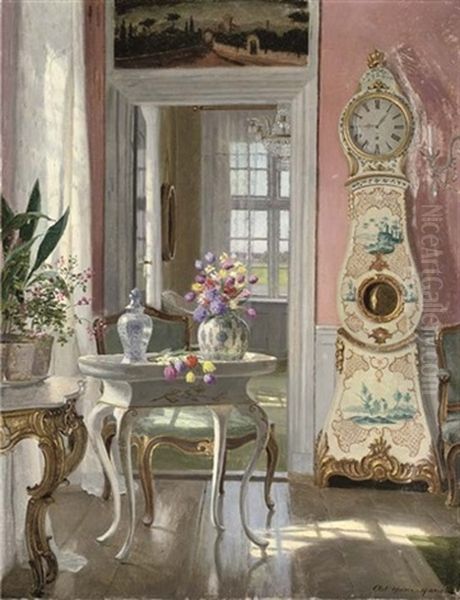 Summer Blooms In An Interior Oil Painting by Adolf Heinrich Claus Hansen