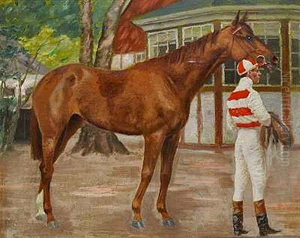 En Jockey Med Sin Hest Oil Painting by Adolf Heinrich Claus Hansen