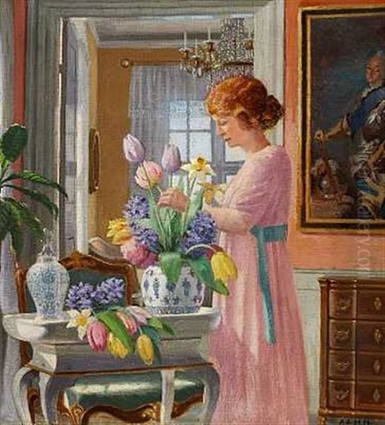 Interior Med En Ung Pige Der Saetter Blomster I Vand Oil Painting by Adolf Heinrich Claus Hansen