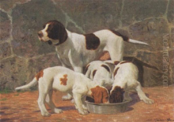 Exterior Med Hund Og Hvalpe Ved Foderskalen Oil Painting by Adolf Heinrich Claus Hansen