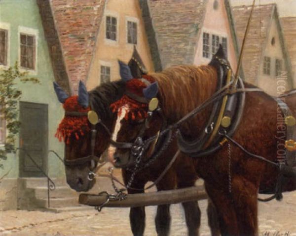 Two Team Horses Resting On A Village Street Oil Painting by Adolf Heinrich Claus Hansen