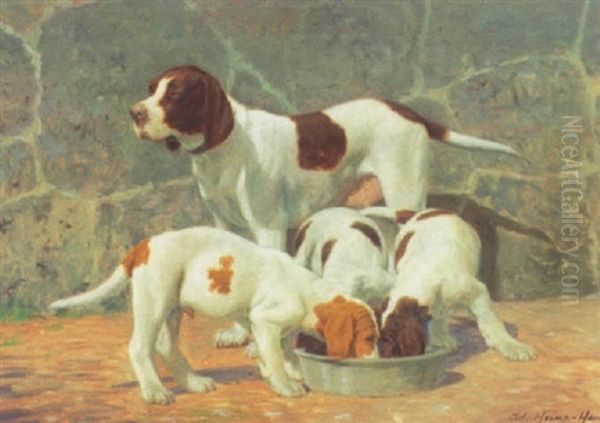 Exterior Med Hund Og Hvalpe Ved Foderskalen Oil Painting by Adolf Heinrich Claus Hansen