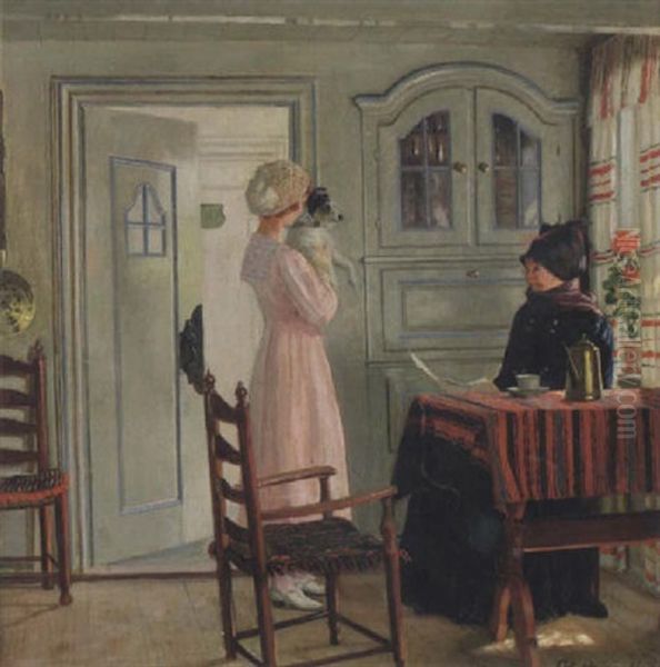 Interior Med Kvinnor Och Hund Oil Painting by Adolf Heinrich Claus Hansen