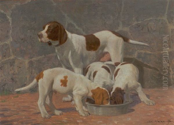 Exterior Med Hund Og Hvalpe Ved Foderskalen Oil Painting by Adolf Heinrich Claus Hansen