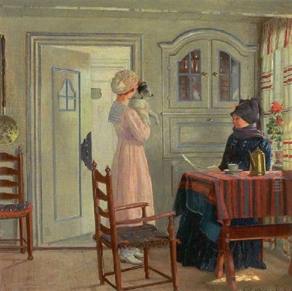 Fanointerior Med Kvinder Og Lille Hund Oil Painting by Adolf Heinrich Claus Hansen