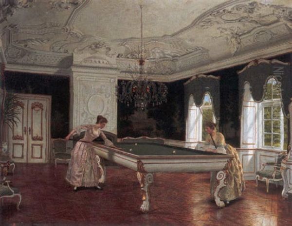 Women Playing Billiards Oil Painting by Adolf Heinrich Claus Hansen