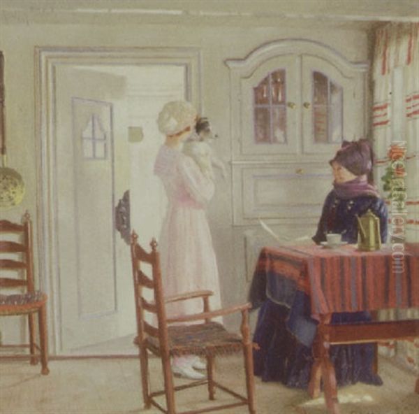 Interior Med To Kvinder Og Hund, Fano Oil Painting by Adolf Heinrich Claus Hansen