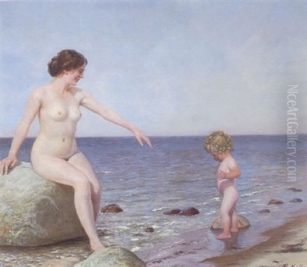 Mother And Child At The Beach Oil Painting by Adolf Heinrich Claus Hansen