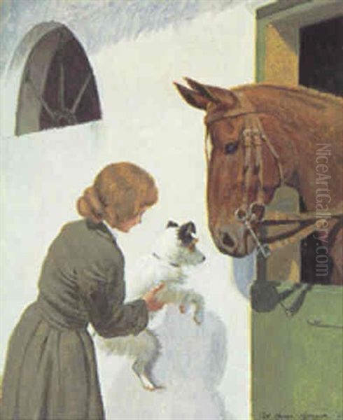 Gode Venner. En Lille Pige Med Hund Og Hest Oil Painting by Adolf Heinrich Claus Hansen