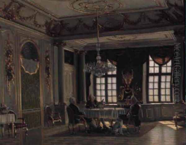 Taffelsalen I Christian Vii's Pal+ Pa Alamielborg Med Personer. . . Oil Painting by Adolf Heinrich Claus Hansen