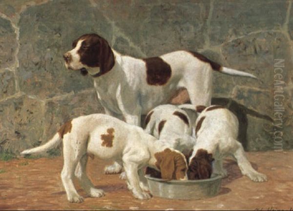 Pointer Med Sine Tre Hvalpe Ved Madskalen Oil Painting by Adolf Heinrich Claus Hansen