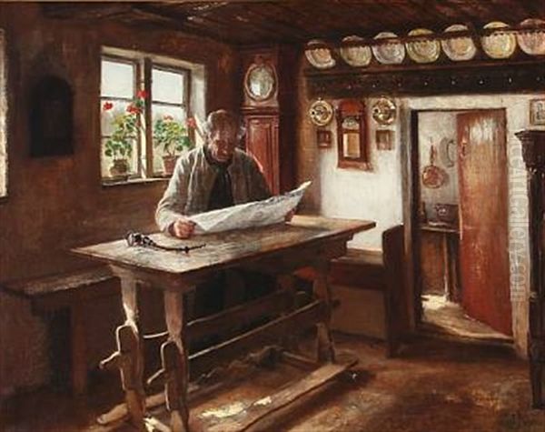 Country Interior With A Man Reading The Newspaper Oil Painting by Anne Marie Hansen