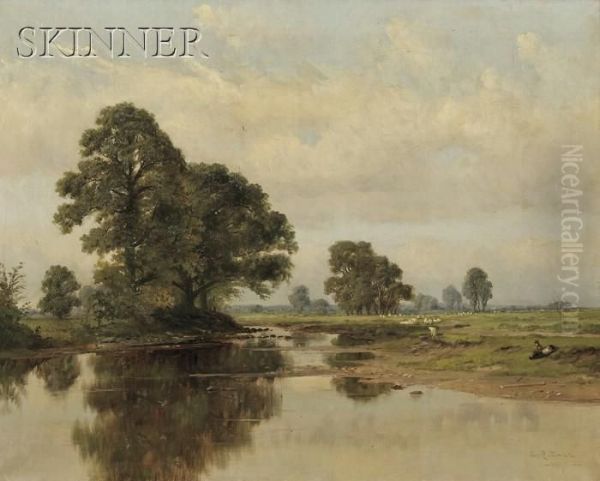 River View With A Resting Shepherd And His Grazingflock Oil Painting by L. Clarence Ball