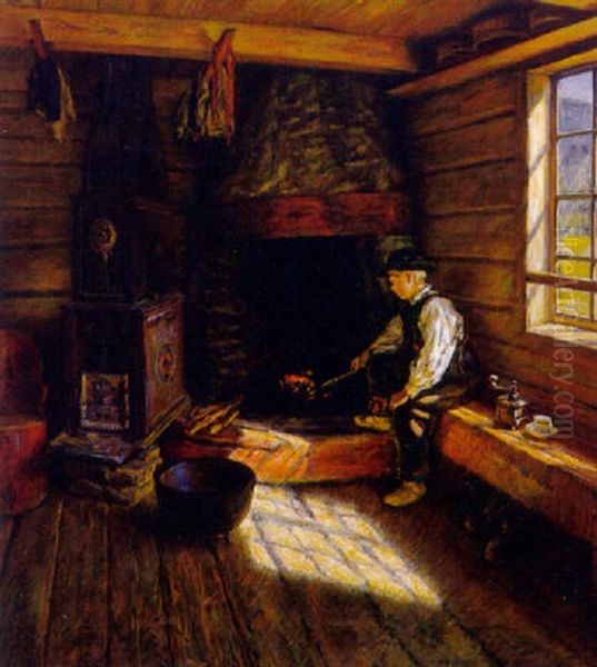 Interieur Einer Blockhutte Mit Offenem Kamin Und Einsernem Ofen Oil Painting by Asor (Henrik A.) Hansen