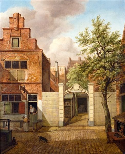 Straatscene Met Poortje Bij Brandhoutfirma 'de Eendracht Oil Painting by Carel Lodewyk Hansen