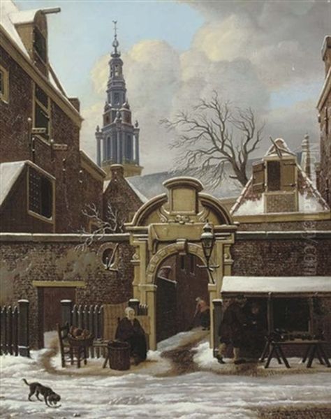 Traders In The Snow, And An Amsterdam Street Oil Painting by Carel Lodewyk Hansen