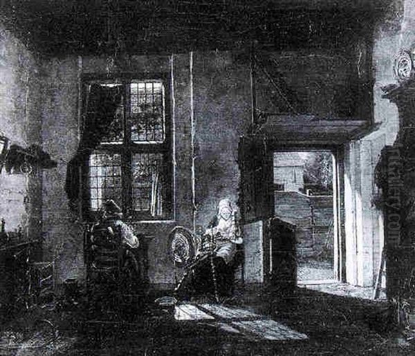 A Shoe-maker And A Spinster In An Interior Oil Painting by Carel Lodewyk Hansen