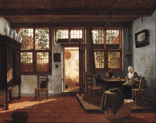 Interior With A Woman Spinning Oil Painting by Carel Lodewyk Hansen