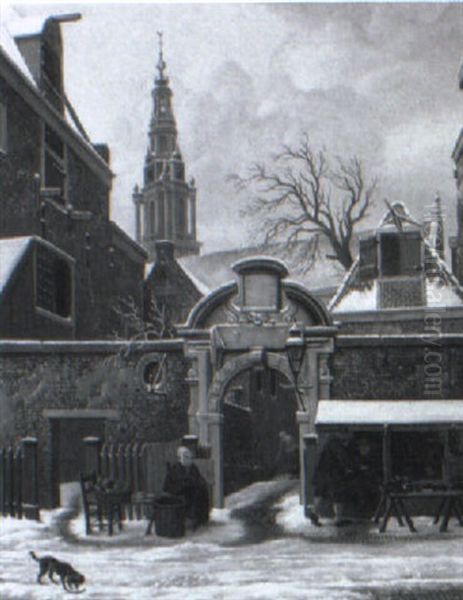 A Cobbler Outside The Gates Of The Agnieten Chapel In Amsterdam Oil Painting by Carel Lodewyk Hansen