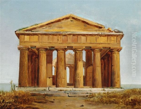 View Of The Temple Of Ceres/athena At Paestum Oil Painting by Constantin (Carl Christian Constantin) Hansen