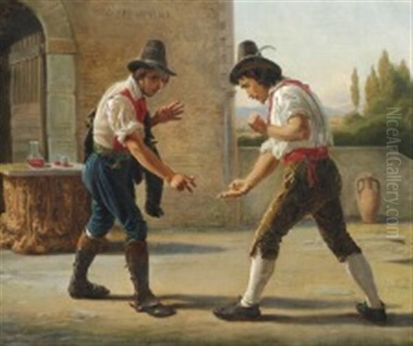 Two Morra Players Outside An Osteria, On The Wall Is Written 