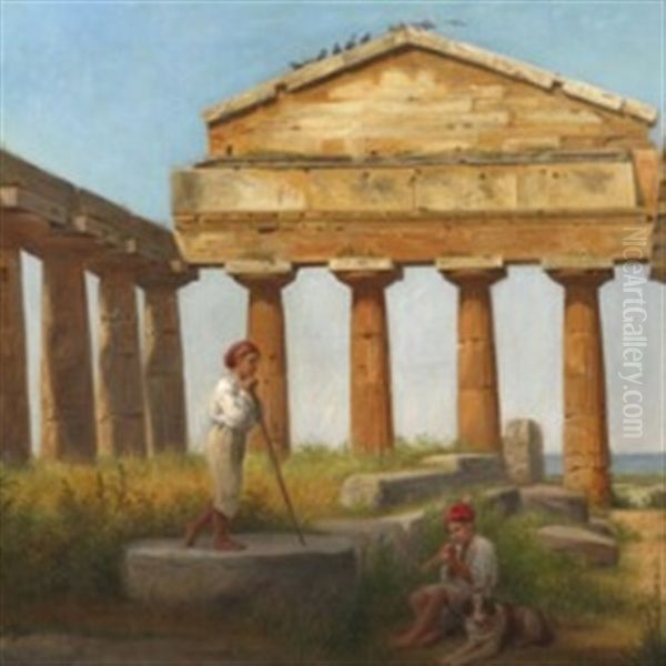 The Temple Of Ceres At Paestum Oil Painting by Constantin (Carl Christian Constantin) Hansen