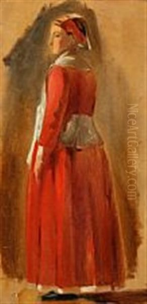 Study Of An Italian Woman Wearing A Red Dress Oil Painting by Constantin (Carl Christian Constantin) Hansen