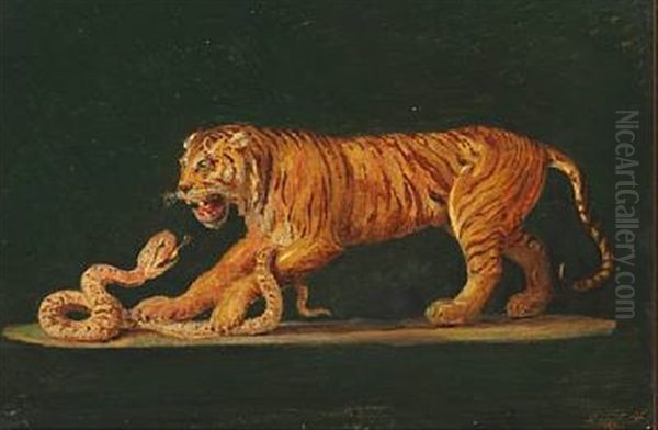 En Tiger I Kamp Med En Slange Oil Painting by Constantin (Carl Christian Constantin) Hansen