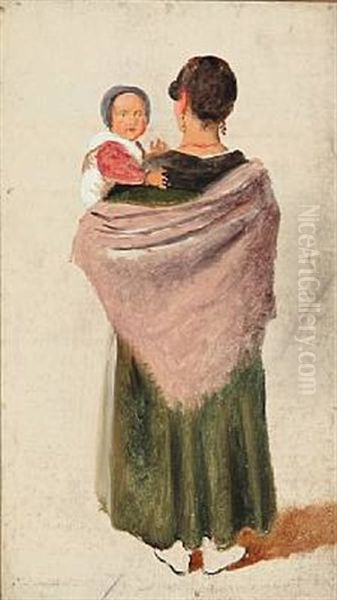 Italian Woman With Her Child In Her Arms, Seen From The Back Oil Painting by Constantin (Carl Christian Constantin) Hansen