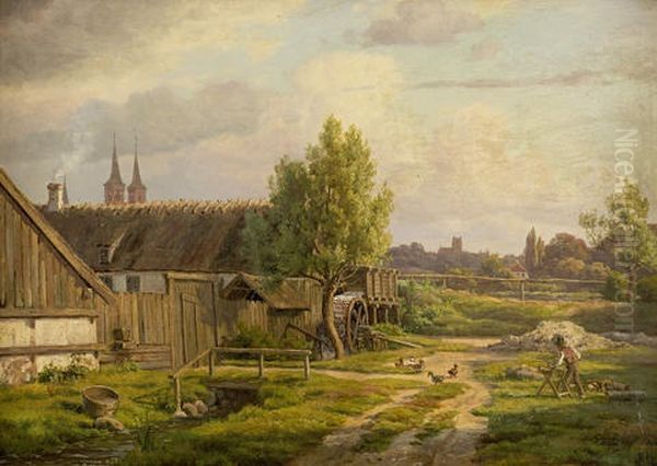 Farmstead With Townscape Beyond Oil Painting by Constantin (Carl Christian Constantin) Hansen