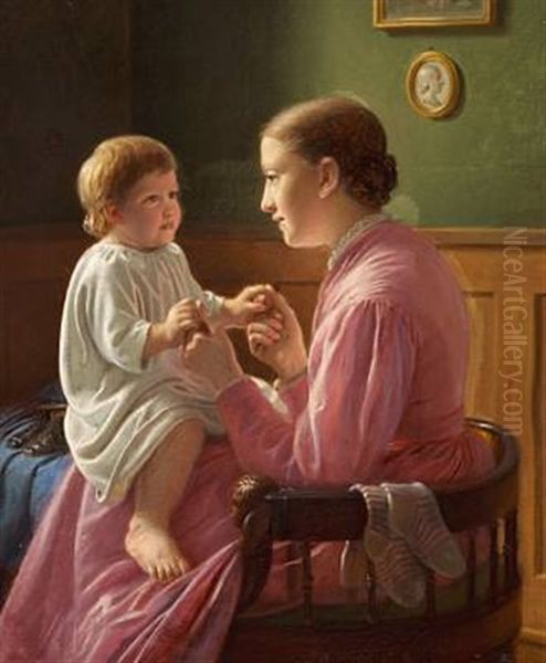 From The Painter's Home, Thora C. H. Dandles On Her Sister Signe's Lap Oil Painting by Constantin (Carl Christian Constantin) Hansen