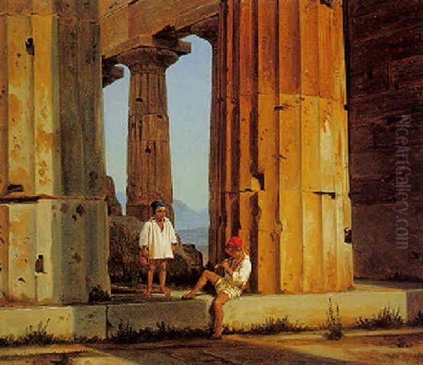 The Temple Of Poseidon, Paestum Oil Painting by Constantin (Carl Christian Constantin) Hansen