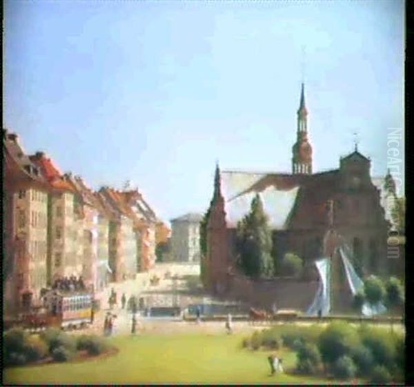 Udsigt Over Slotspladsen Og Holmens Kirke Fra Et Vindue Pa  Christiansborg Oil Painting by Constantin (Carl Christian Constantin) Hansen