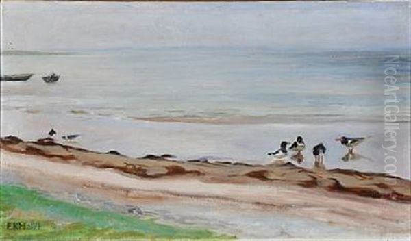 Beach Scene With Oystercatchers Oil Painting by Elise Konstantin Hansen