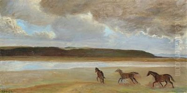 Horses On The Beach Oil Painting by Elise Konstantin Hansen