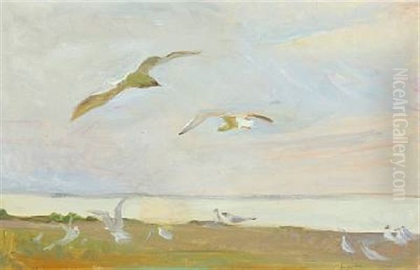 Coastal Scenery With Seagulls Oil Painting by Elise Konstantin Hansen