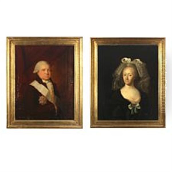 A Pair Of Portraits Of Chamberlain, Holger Sehested And His Wife Edel Margrethe Gersdorf Oil Painting by Hans Hansen