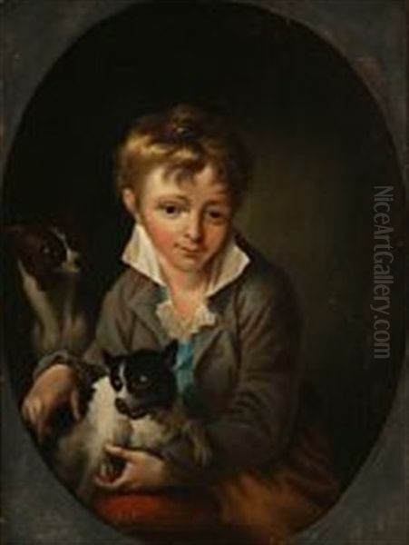 Boy Holding A Dog (after C. A. Lorentzen) Oil Painting by Hans Hansen