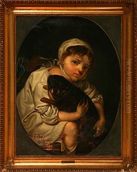 A Girl With Dog (after J.b. Greuze) Oil Painting by Hans Hansen