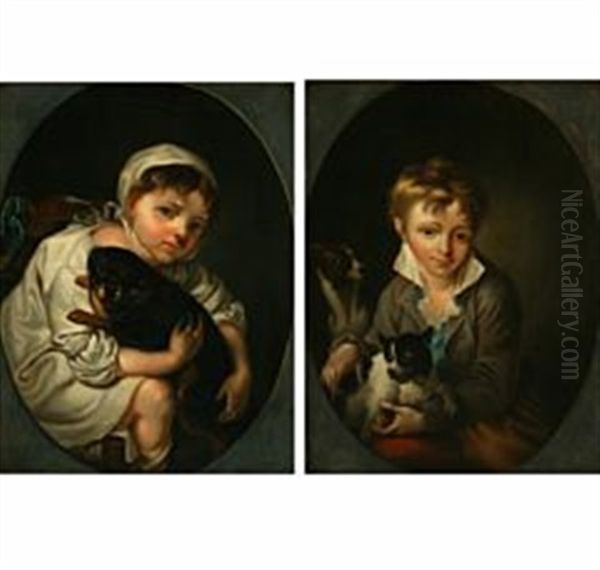 Portrait Of A Girl With Dog (+ Portrait Of A Boy With Dog; Pair) Oil Painting by Hans Hansen