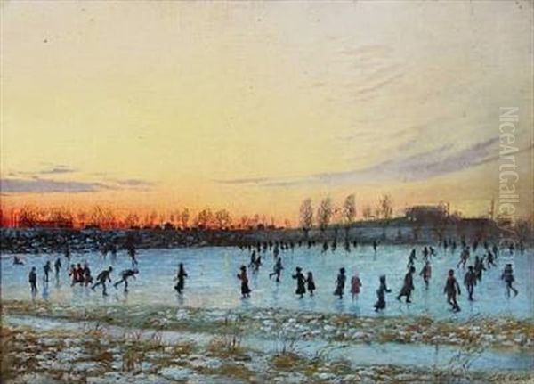 Wintry Landscape From Bellahoj With Skaters Oil Painting by Hans Andersen Hansen