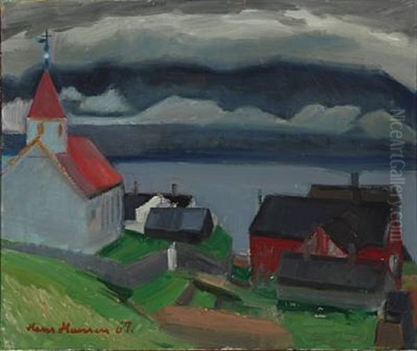 Landscape From Faroe Islands With Village And Church Oil Painting by Hans Jacob Hansen