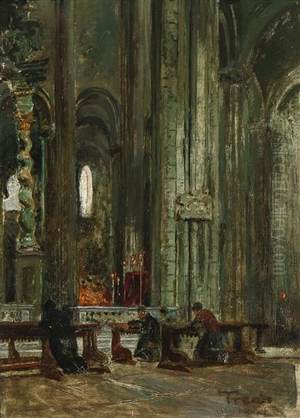 Interior From The Trento Cathedral, Italy With People In Prayer Oil Painting by Hans Nikolaj Hansen