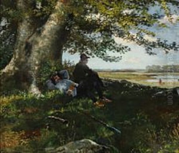 Two Hunters Resting Oil Painting by Hans Nikolaj Hansen