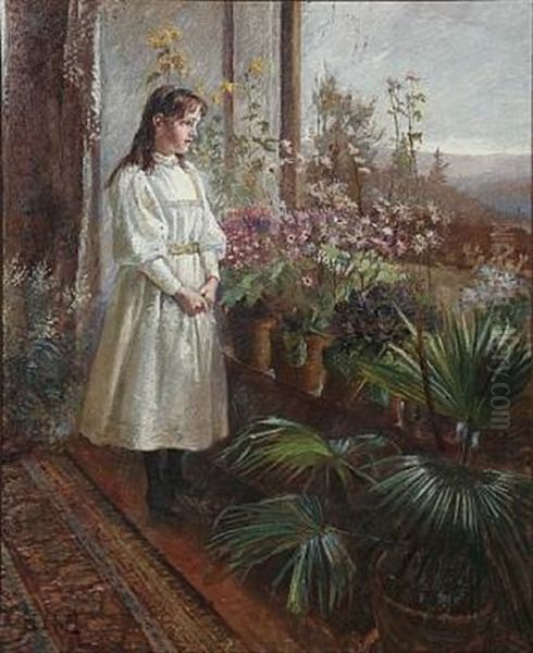 A Girl In White Summer Dress Looking Out Of A Window Decorated With Colorful Flowers Oil Painting by Hans Nikolaj Hansen