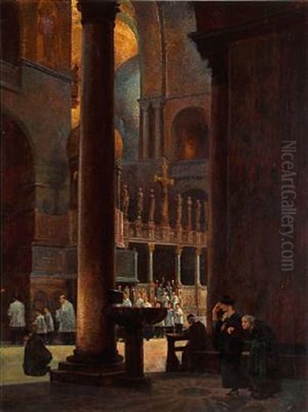 An Italian Church Interior Oil Painting by Hans Nikolaj Hansen